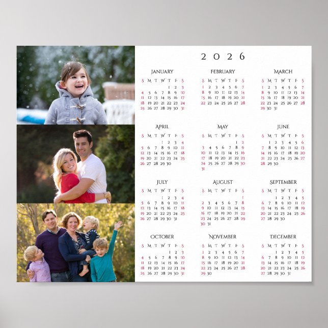 Personalized 3 Photo Collage Family 2026 Calendar Poster (Front)