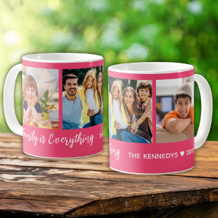 Personalized 3 Photo Family Name Quote Hot Pink Coffee Mug