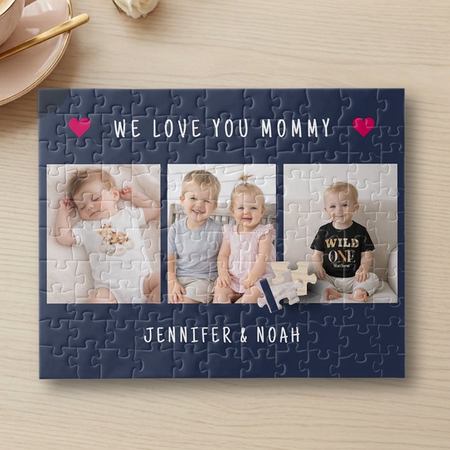 Personalized 3 Photo Mother's Day Navy Blue Hearts Jigsaw Puzzle (Creator Uploaded)