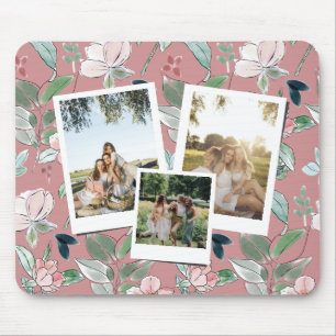 Personalized 3 Photo Pink Floral Background Mouse Pad