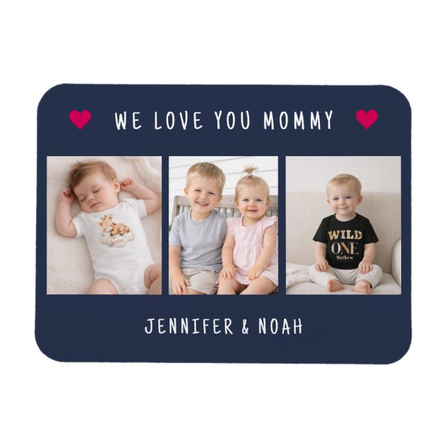 Personalized 3 Photo We Love You Mommy Navy Blue  Magnet (Horizontal)