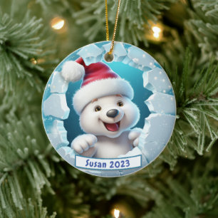 Personalized 3d Breakout Polar Bear Christmas Ceramic Ornament