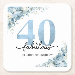 Personalized 40 and Fabulous Blue Floral Birthday Square Paper Coaster