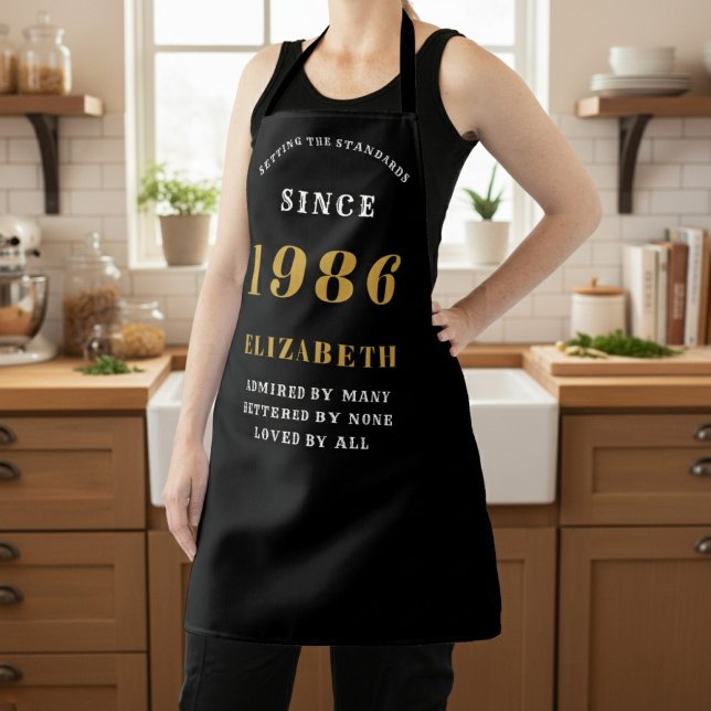 Personalized 40th Birthday 1986 Black & Gold Apron (1986 Apron worn in a kitchen)