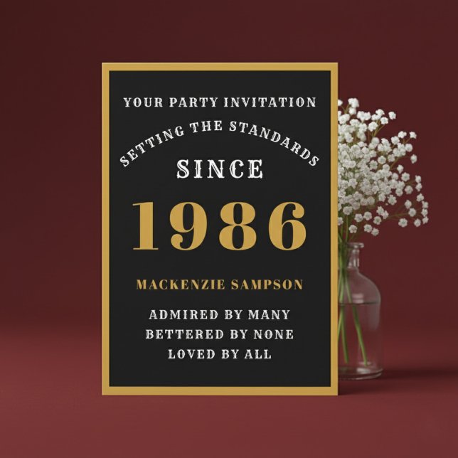 Personalized 40th Birthday 1986 Elegant Black Gold Invitation (1986 birthday invitation. Red background.)