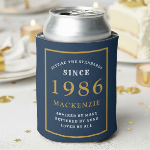 Personalized 40th Birthday 1986 Elegant Blue Gold Can Cooler