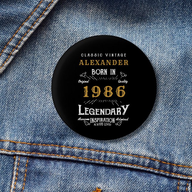 Personalized 40th Birthday Born 1986 Vintage Black 3 Cm Round Badge (1986 pin badge. Denim background.)
