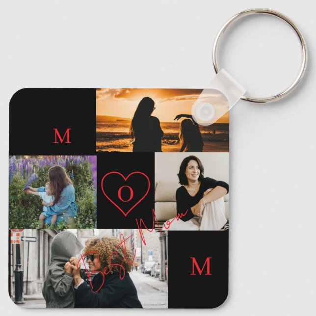 Personalized 4-Photo Collage Mom Monogram Key Ring (Back)