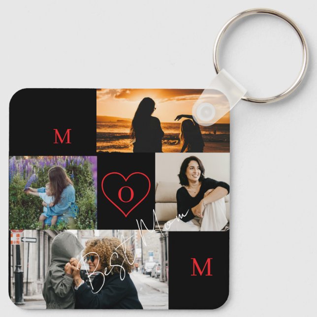 Personalized 4-Photo Collage Mom Monogram Key Ring (Back)