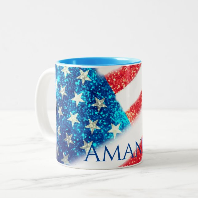 Personalized 4th of July American Flag Two-Tone Coffee Mug (Front Left)