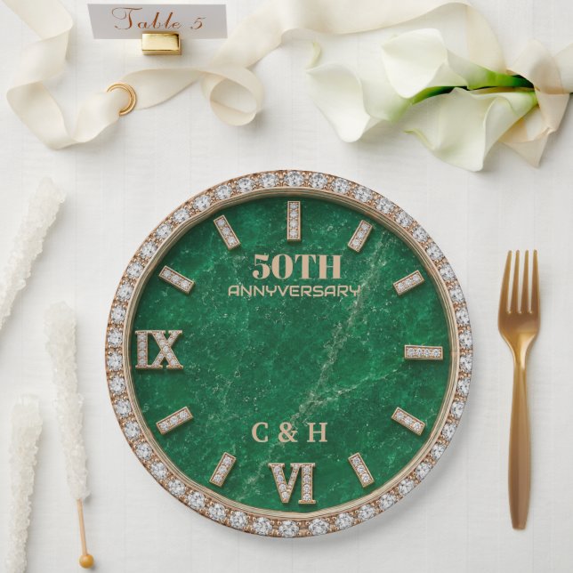 Personalized 50th Anniversary Emerald Marble  Paper Plate (Wedding)
