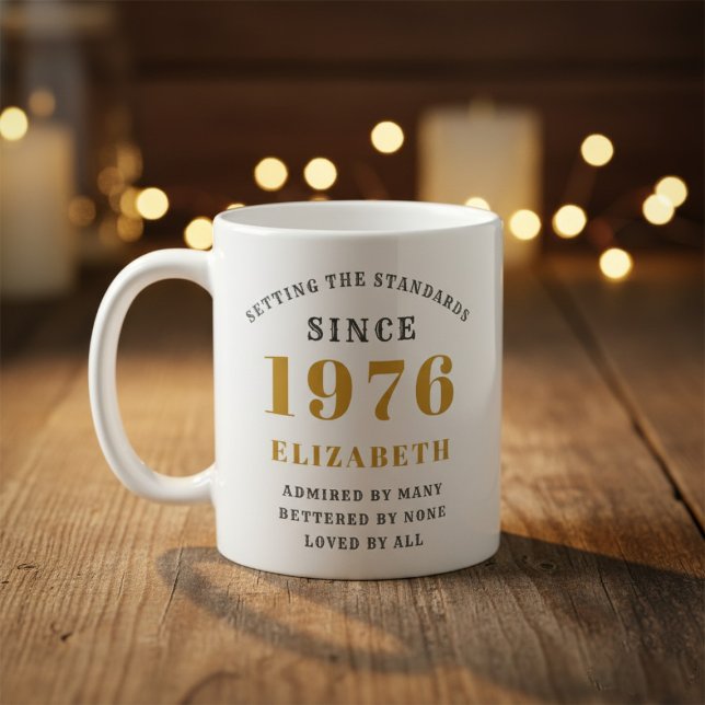 Personalized 50th Birthday 1976 Add Name Elegant Coffee Mug (Born 1976 birthday gift mug. Background out of focus.)