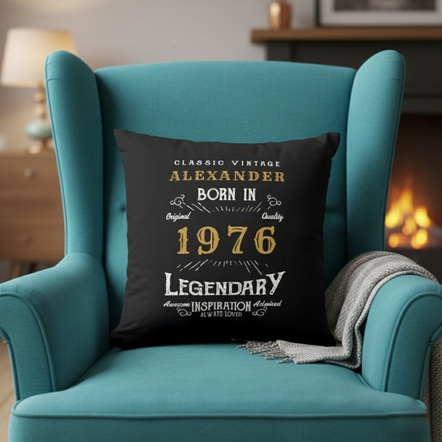 Personalized 50th Birthday Born 1976 Legend Black Cushion (Born 1976 birthday throw pillow in an armchair.)