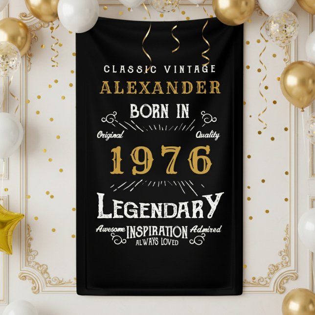Personalized 50th Birthday Born 1976 Retro Party Banner (1976 Birthday wall banner on a white wall.)