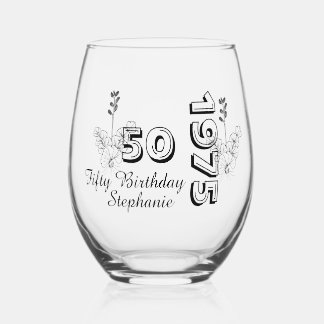 Personalized 50th floral birthday  stemless wine glass