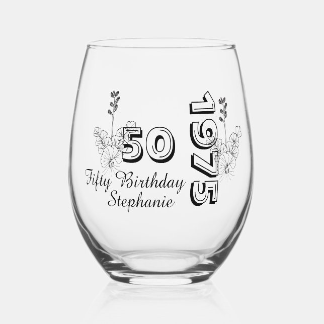 Personalized 50th floral birthday  stemless wine glass (Front)