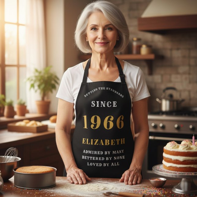 Personalized 60th Birthday 1966 Black & Gold Apron (1966 birthday apron. Black and gold worn in a kitchen)