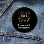 Personalized 60th Birthday Born 1966 Vintage Black 3 Cm Round Badge<br><div class="desc">Celebrate a major milestone with this stylish, personalized 60th Birthday Pin Badge. Featuring a cool vintage/retro design in elegant black, white, and metallic gold, it proudly displays the iconic birth year: 1966. Easily click 'Personalize' to add the recipient's custom name, making it a truly unique birthday gift or a fantastic...</div>