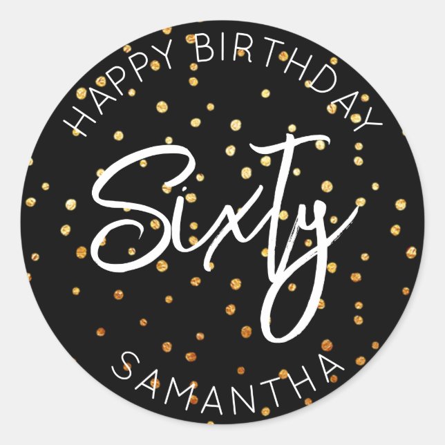 Personalized 60th Birthday Gold Glitter Dots Sixty Classic Round Sticker (Front)