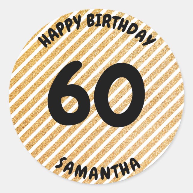 Personalized 60th Birthday Gold Glitter Retro Classic Round Sticker (Front)