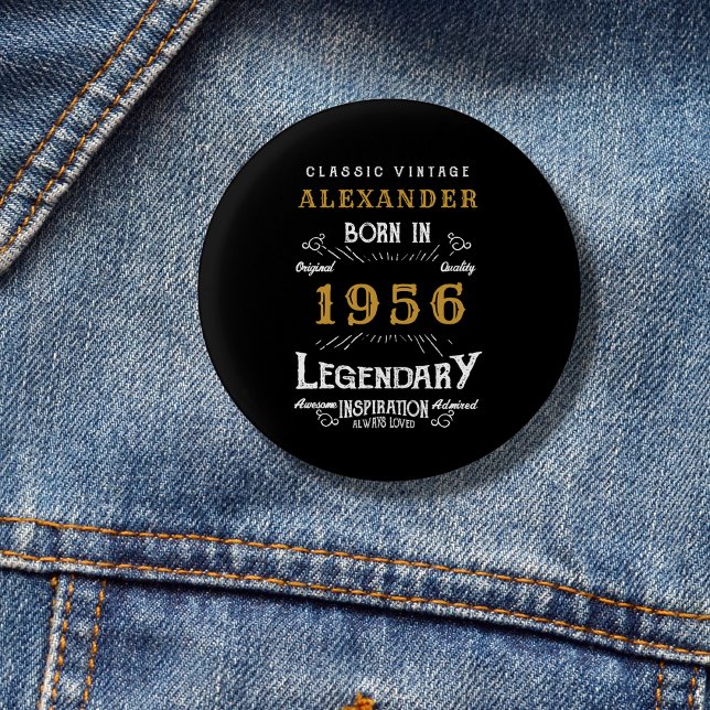 Personalized 70th Birthday Born 1956 Vintage Black 3 Cm Round Badge (1956 pin badge. Denim background.)