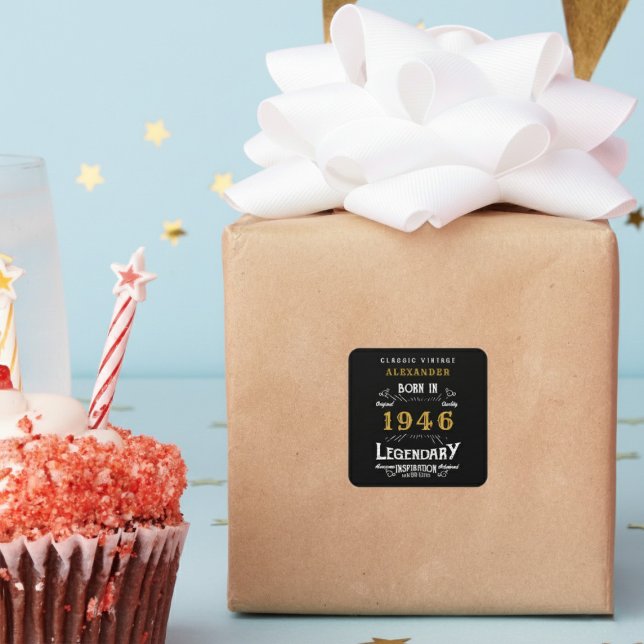 Personalized 80th Birthday Add Name 1946 Legend Square Sticker (Born 1946 birthday sticker on a wrapped gift.)