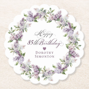Personalized 85th Birthday Purple Lilac Flower Paper Coaster