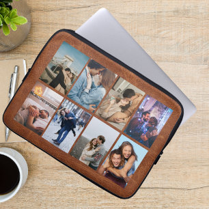 Personalized 8 Photo Collage Modern Brown Leather  Laptop Sleeve