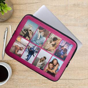 Personalized 8 Photo Collage Modern Pink Leather  Laptop Sleeve