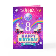 Personalized 8th Birthday Roller Disco Card Girl