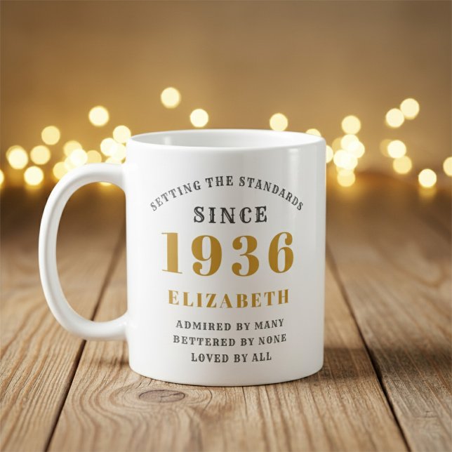 Personalized 90th Birthday 1936 Add Name Elegant Coffee Mug (Born 1936 birthday gift mug. Background out of focus.)