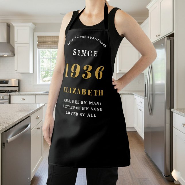 Personalized 90th Birthday 1936 Black & Gold Apron (Apron born 1936 worn in a kitchen.)