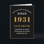 Personalized 90th Birthday Born 1931Black Gold Card<br><div class="desc">For those born in 1931 and celebrating their 90th birthday we have the ideal birthday greeting card. The black background with a white and gold design is simple and yet elegant. Easily customize the text to the front and the interior of this birthday card using the template provided. Part of...</div>
