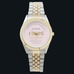 Personalized 90th Birthday Chic Pink Gold Woman's Watch<br><div class="desc">Celebrate a remarkable milestone with this exquisite Personalized 90th Birthday Watch for women. This elegant timepiece features a chic design in soft blush pink, perfectly accented with luxurious gold-look typography and a stylish two-tone silver and gold bracelet. The watch face proudly displays the classic birth year, 1936. It is a...</div>
