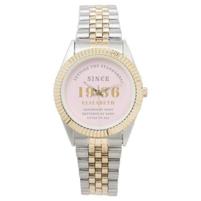 Personalized 90th Birthday Chic Pink Gold Woman's Watch (Front)