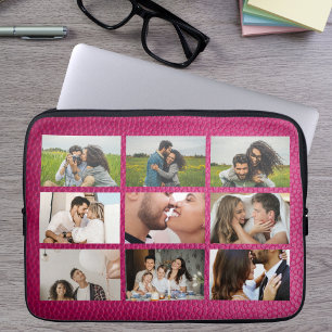 Personalized 9 Photo Collage Modern Pink Leather  Laptop Sleeve