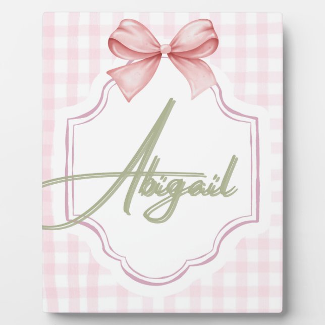 Personalized Abigail Baby Girl Nursery Bow&Gingham Plaque (Front)