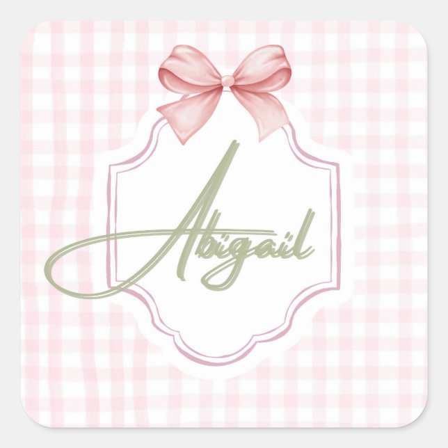 Personalized Abigail Baby Girl Nursery Bow&Gingham Square Sticker (Front)