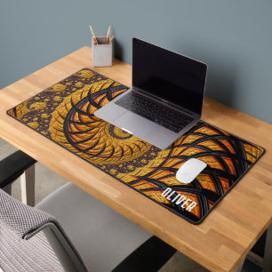 Personalized Abstract Black Gold Spiral Fractal Desk Mat
