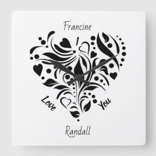 Personalized Abstract Black & White Heart Design Square Wall Clock