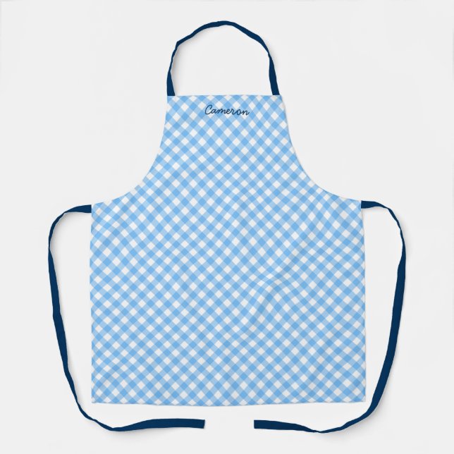 Personalized Add Your Name Baby Blue Gingham Apron (Front)