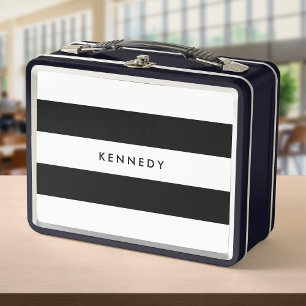 Personalized Add Your Name Black and White Stripes Metal Lunch Box