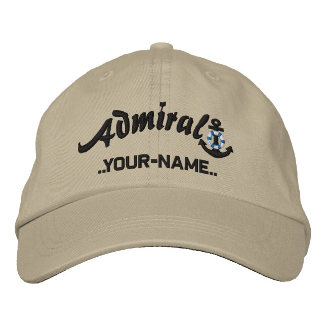 Personalized Admiral Lifesaver Anchor Name Black Embroidered Hat (Front)