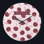 Personalized Aesthetic Cherry Pattern Name Gift Large Clock<br><div class="desc">This collection of adorable cherry patterns is one of those small, everyday pleasures that just make people smile. This design is whimsical, cozy, and effortlessly fashionable with its soft pink backdrop, strewn cherries, and personalized name accents. It's the kind of pattern that makes a desk, a purse, or a comfortable...</div>