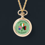 Personalized African Irish American Shamrock Watch<br><div class="desc">Personalized women’s watch necklace celebrating heritage with a shamrock of African Diaspora,  Irish,  and USA flags. “Three Cultures” above and “ONE” plus your name below. Light green background. Stocking stuffer and meaningful ancestry gift for St. Patrick’s Day,  Juneteenth,  July 4th,  and family reunions.</div>