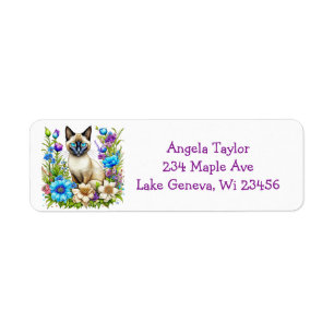 Personalized Ai Watercolor Siamese Cat in Flowers Return Address Label
