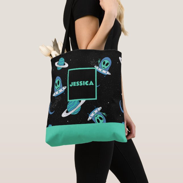 Personalized Allover printed UFO ALIEN Tote Bag (Close Up)