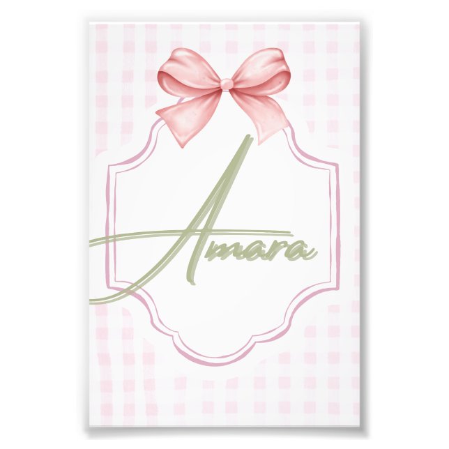 Personalized Amara Baby Girl Nursery Bow&Gingham Photo Print (Front)