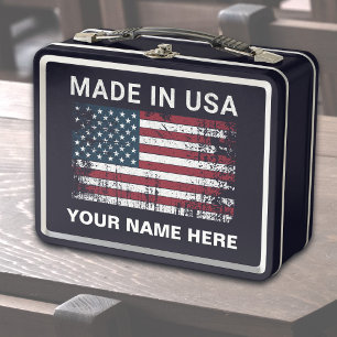 Personalized American Flag Made In USA Vintage  Metal Lunch Box