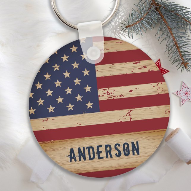 Personalized American Flag Rustic Wood Patriotic Key Ring (Creator Uploaded)